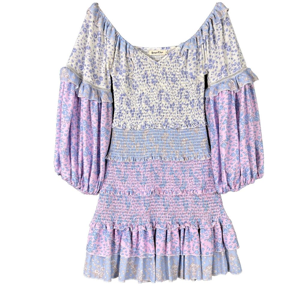 Yvonne & Love Floral Smocked Mini Dress Tiered Ruffle Puff Sleeve Pastel Medium